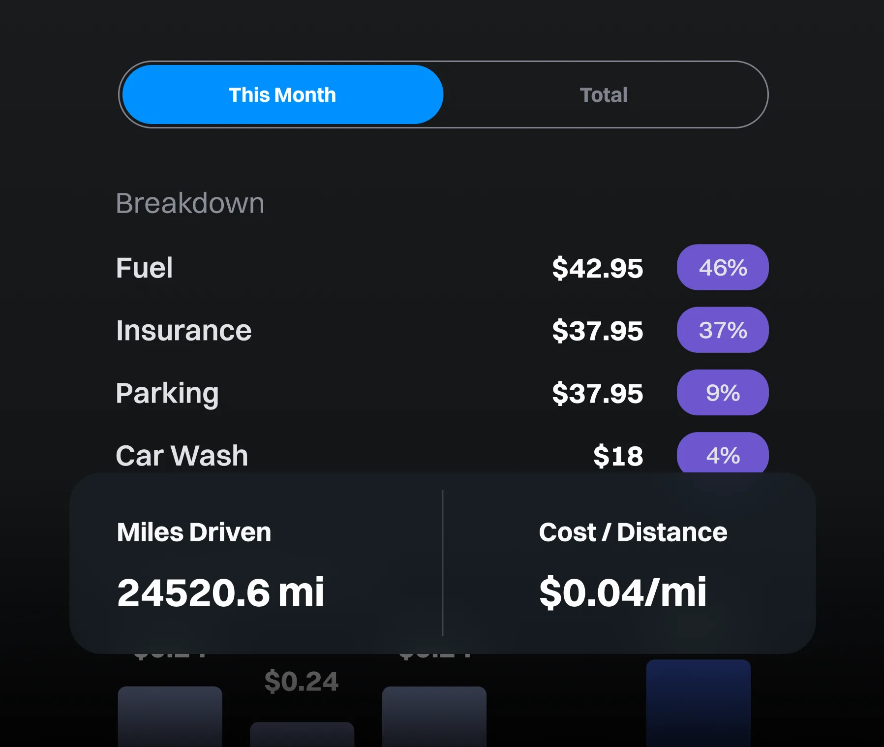 Cost breakdown by category - fuel, insurance, parking, car wash - with miles driven and cost per mile