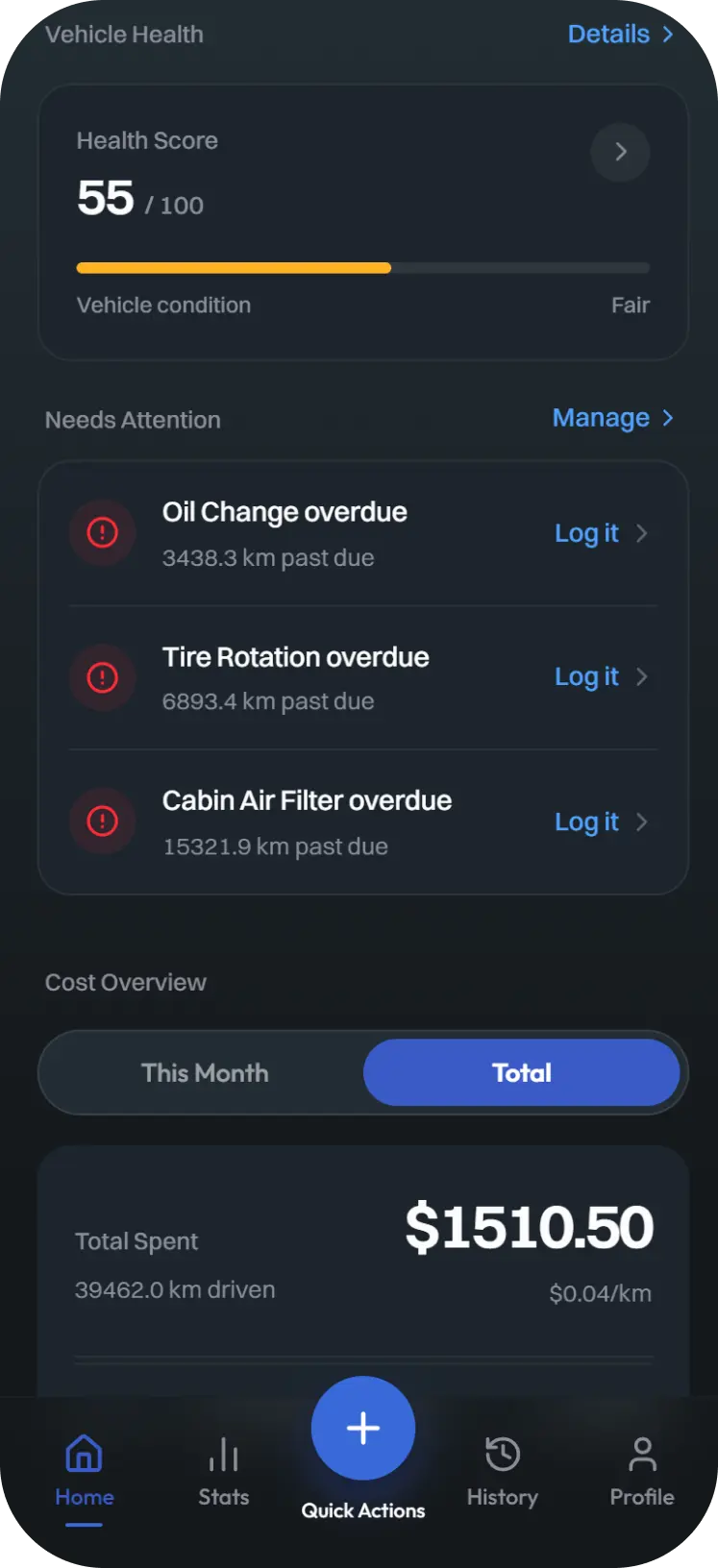 Home dashboard with health score and alerts