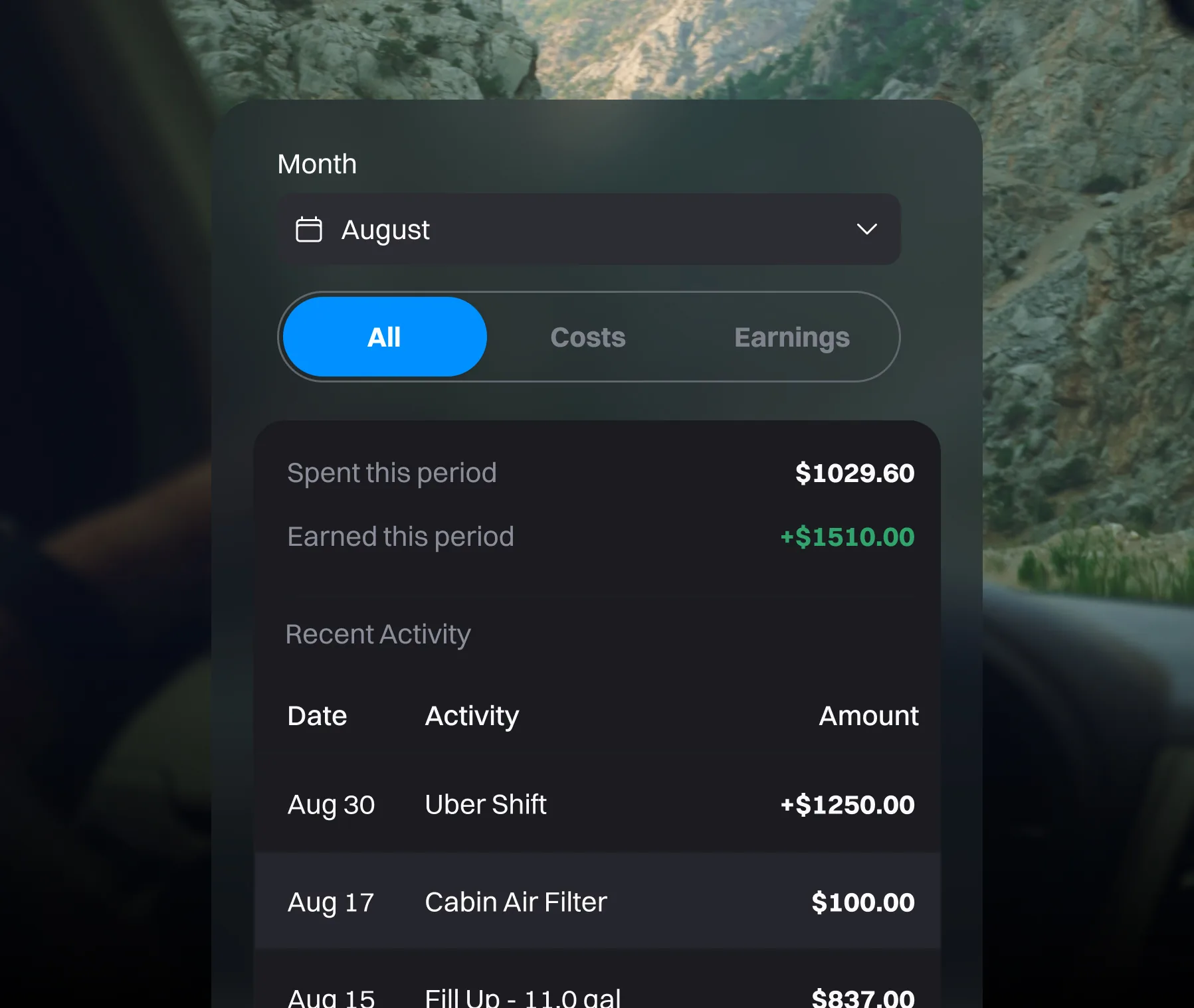 TORQ Track Driver dashboard showing earnings, vehicle costs, fuel, and shift activity